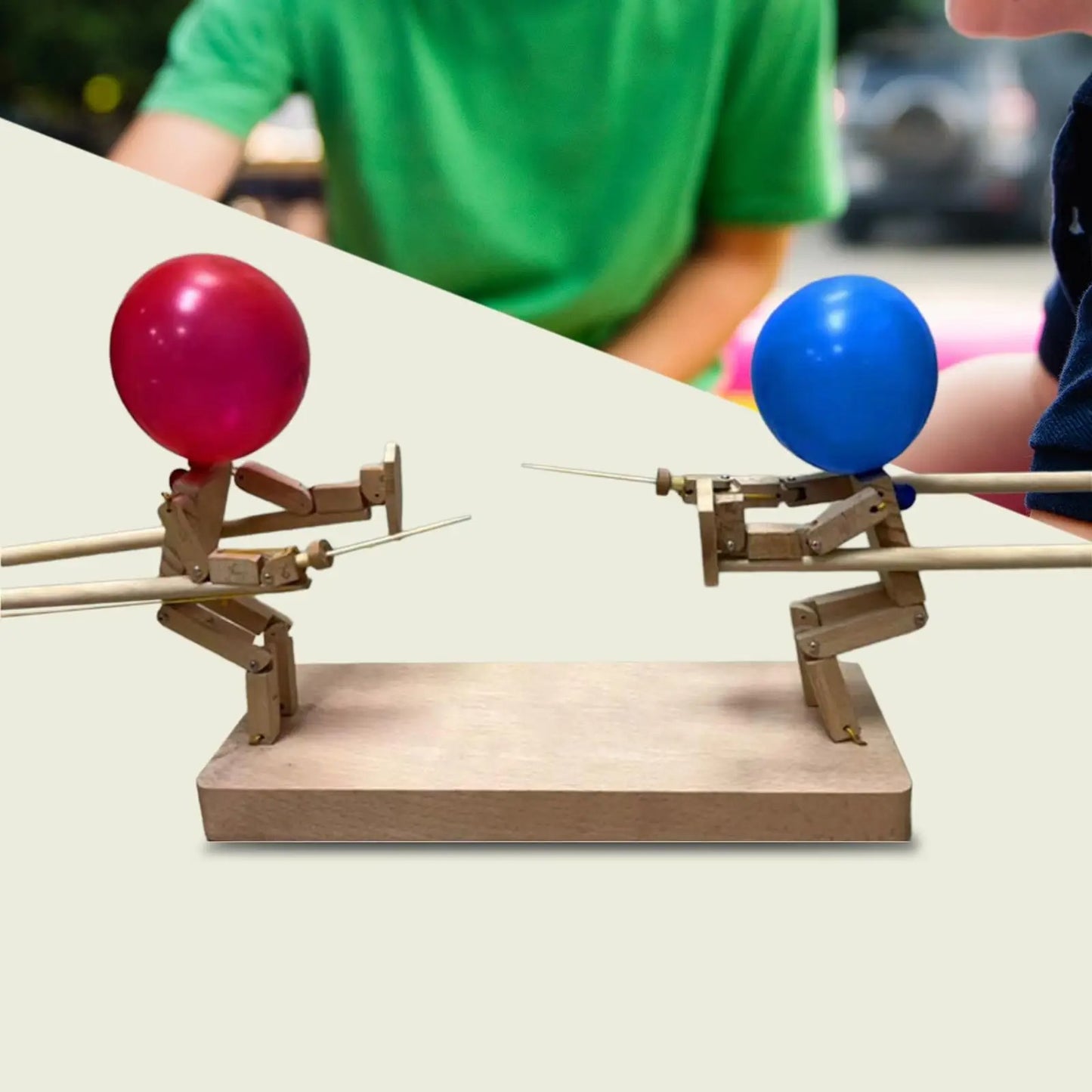 Schnelles Spiel mit Holzfiguren & Ballonköpfen für Kinder