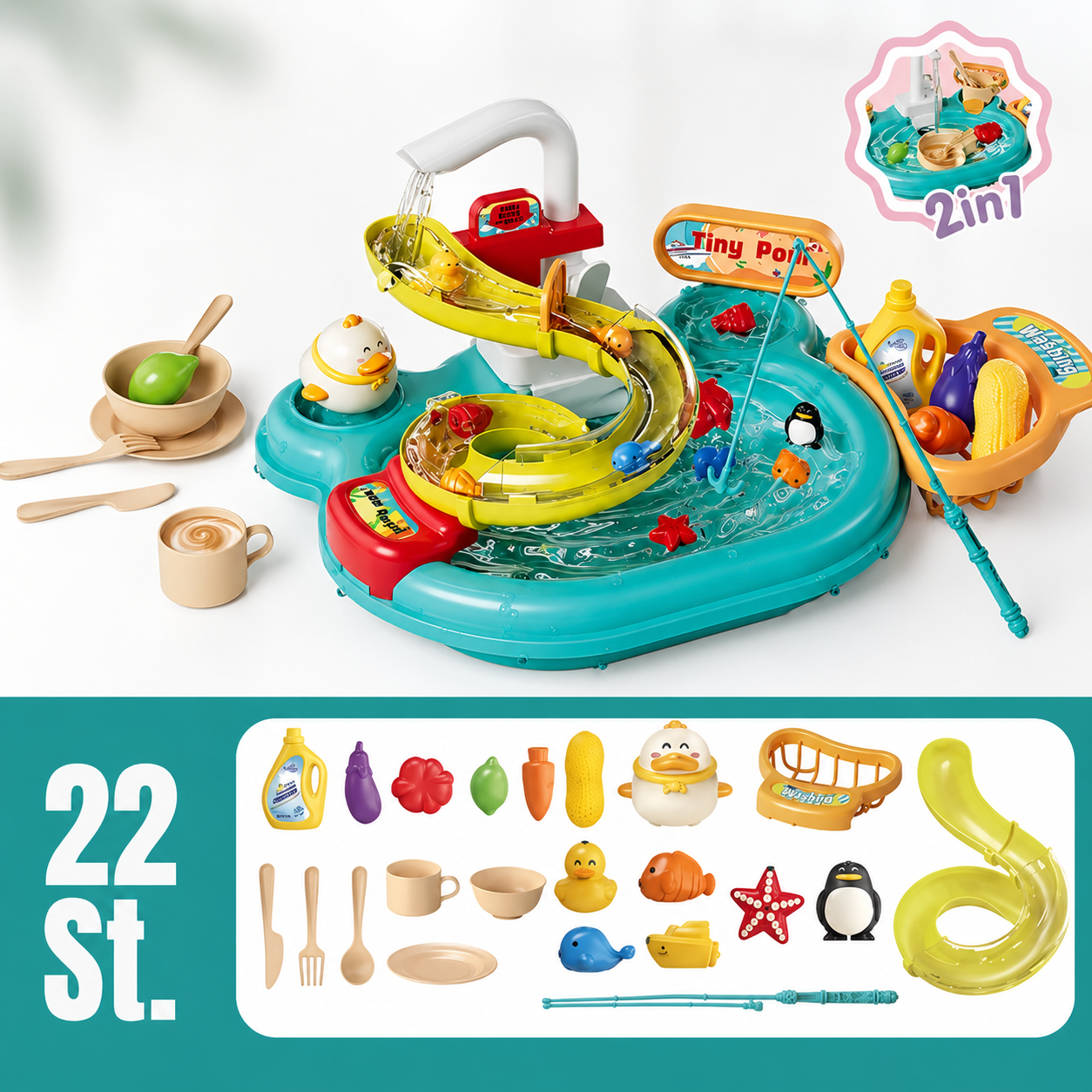 2-in-1 Kinderspielzeug-Set mit Küche und Angelspiel 22 St. Grün
