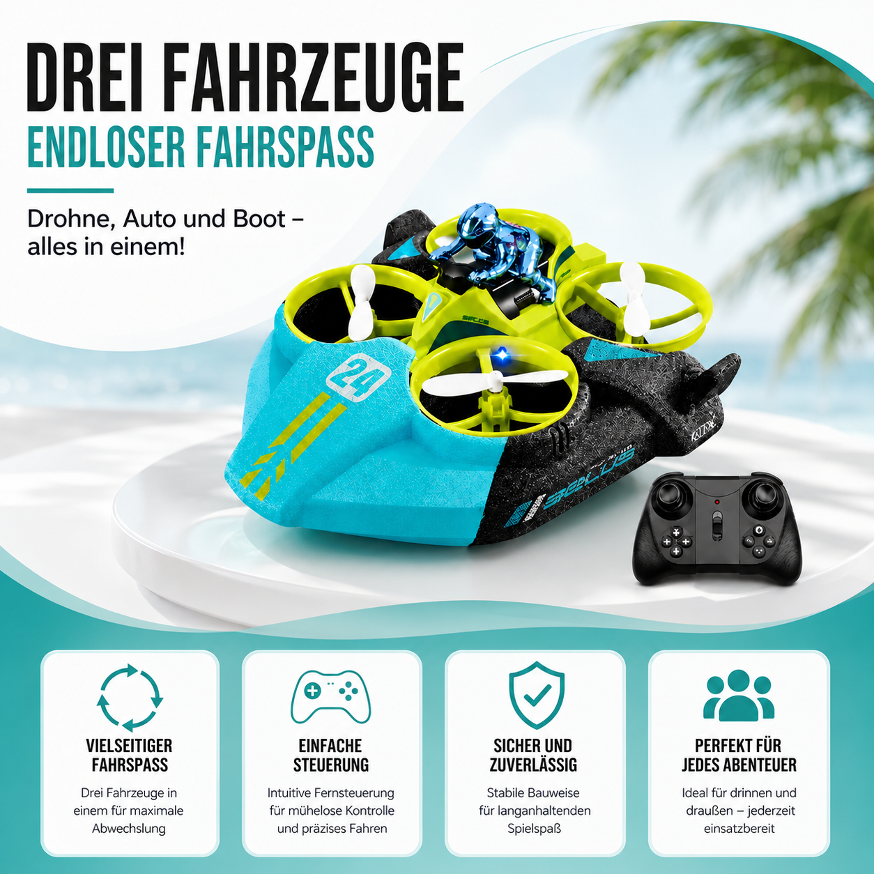3-in-1 RC Fahrzeug Drohne Auto Boot