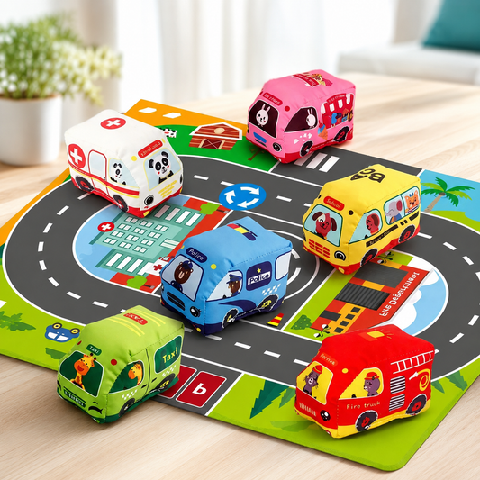 9 Stoffautos Spielzeug Satz mit Spielmatte