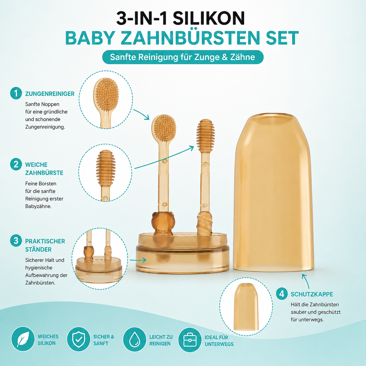 MAMIJOY 3-in-1 Silikon Baby Zahnbürste – Sanfte Pflege für Zunge & Zähne