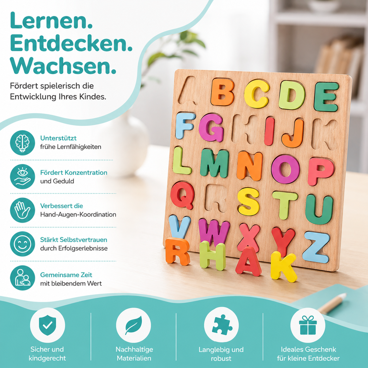 Buntes Alphabet-Holzpuzzle – Lernspiel für Kinder mit Zahlen & Formen