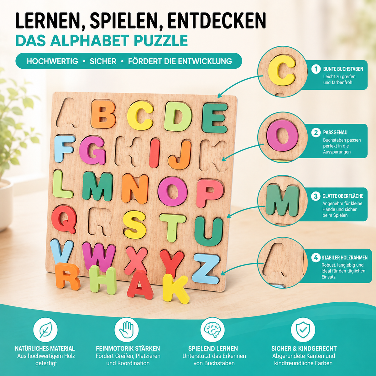 Buntes Alphabet-Holzpuzzle – Lernspiel für Kinder mit Zahlen & Formen