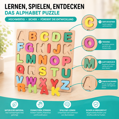 Buntes Alphabet-Holzpuzzle – Lernspiel für Kinder mit Zahlen & Formen