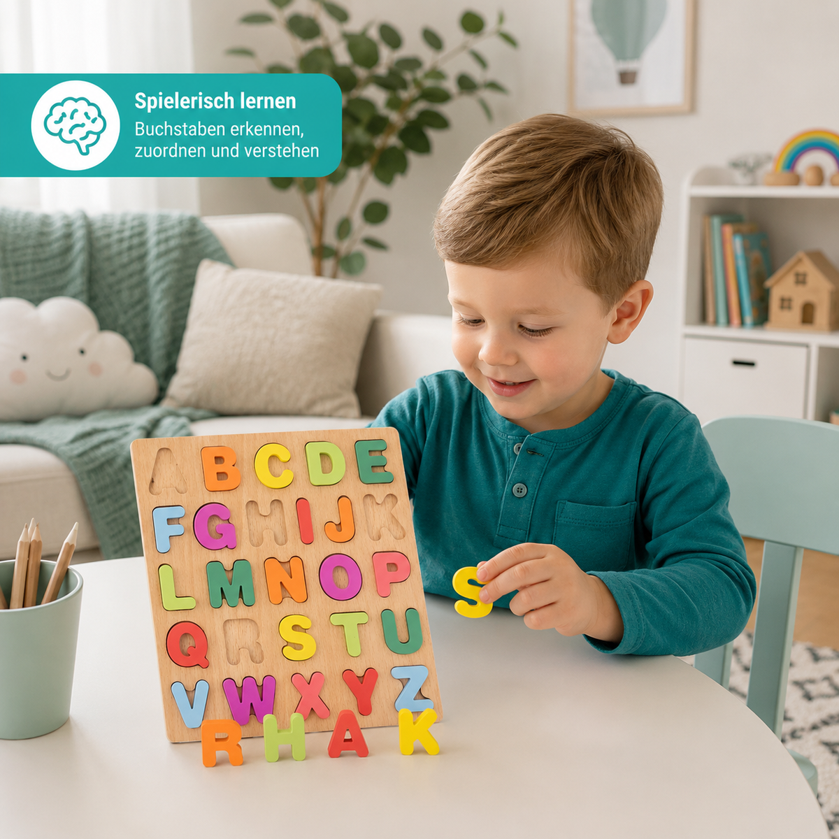 Buntes Alphabet-Holzpuzzle – Lernspiel für Kinder mit Zahlen & Formen