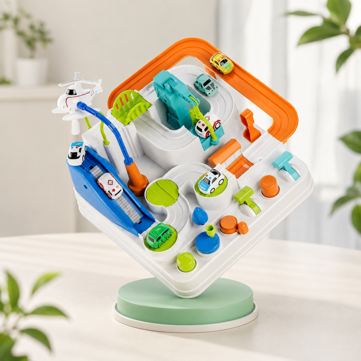 Auto Rennstrecke Spielset für Kinder – Fahrzeugbahn mit Spielautos Weiß