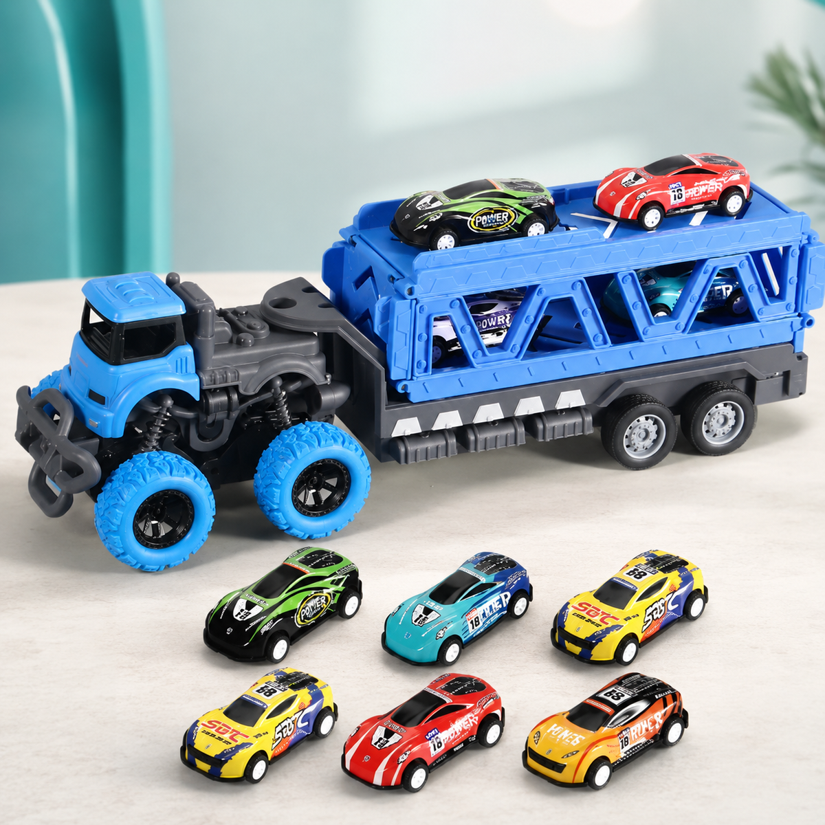 Großer Auto Transport Truck mit Rennwagen – Kinder Spielset Blau