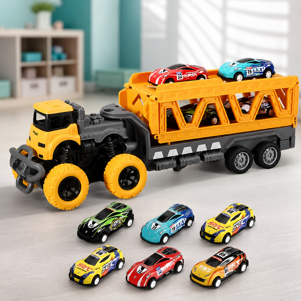 Großer Auto Transport Truck mit Rennwagen – Kinder Spielset Gelb