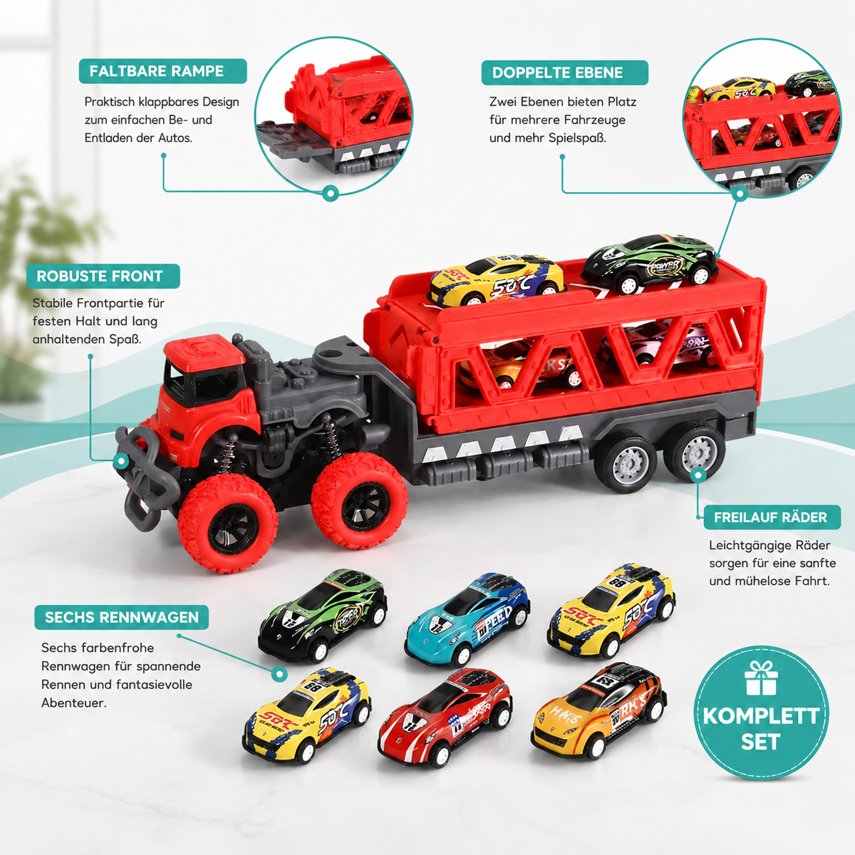 Großer Auto Transport Truck mit Rennwagen – Kinder Spielset