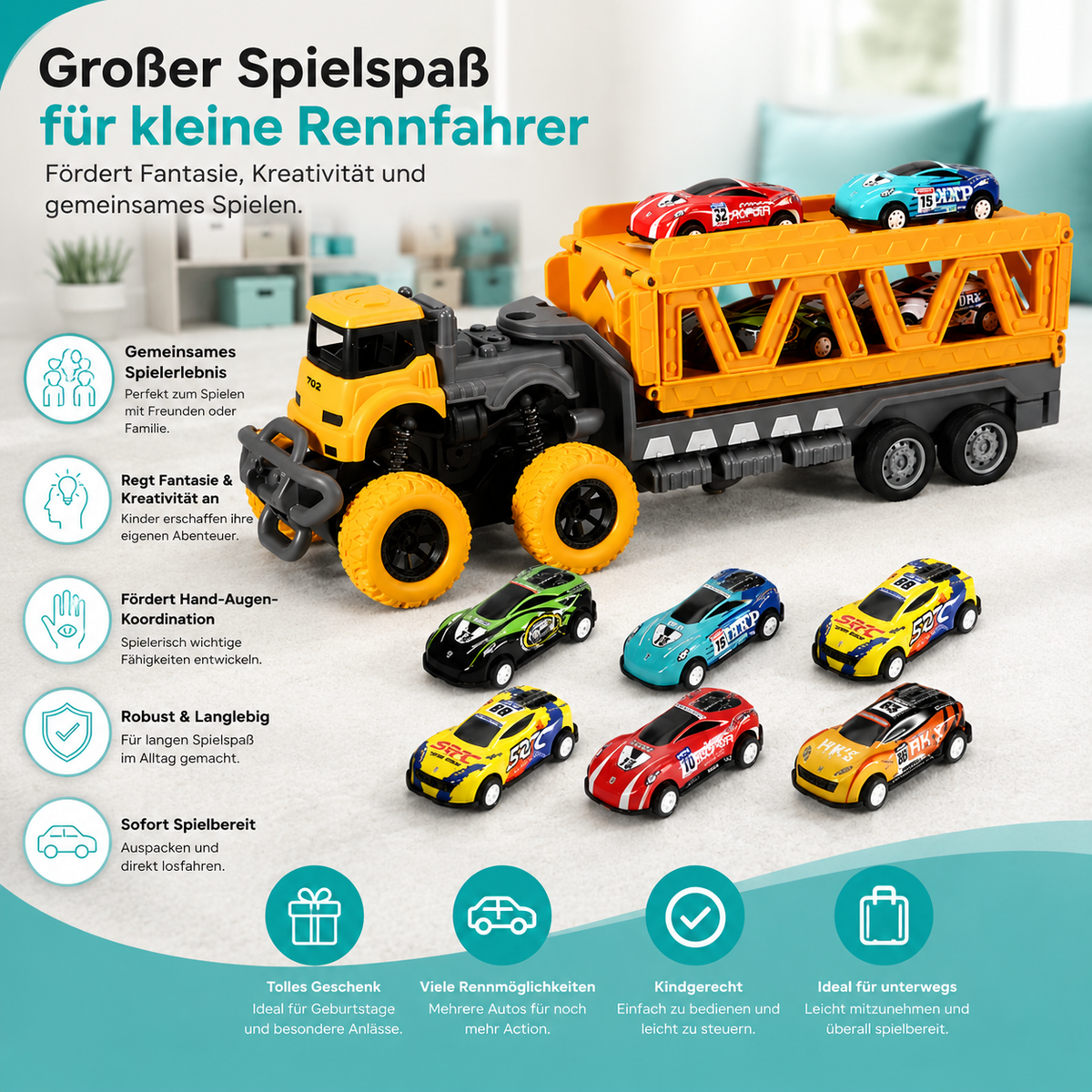 Großer Auto Transport Truck mit Rennwagen – Kinder Spielset