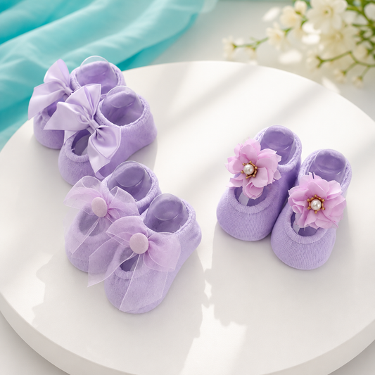 Baby Mädchen Socken mit Schleife & Blume – 3er Satz Baumwolle