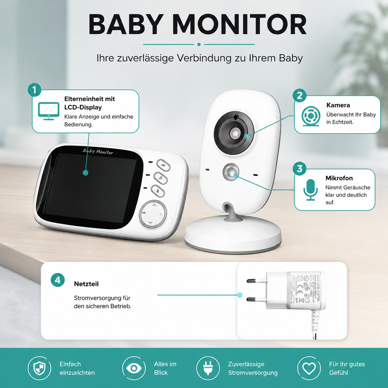 Babyphone HD 3,5 Zoll – Nachtsicht & Echtzeit-Temperaturanzeige