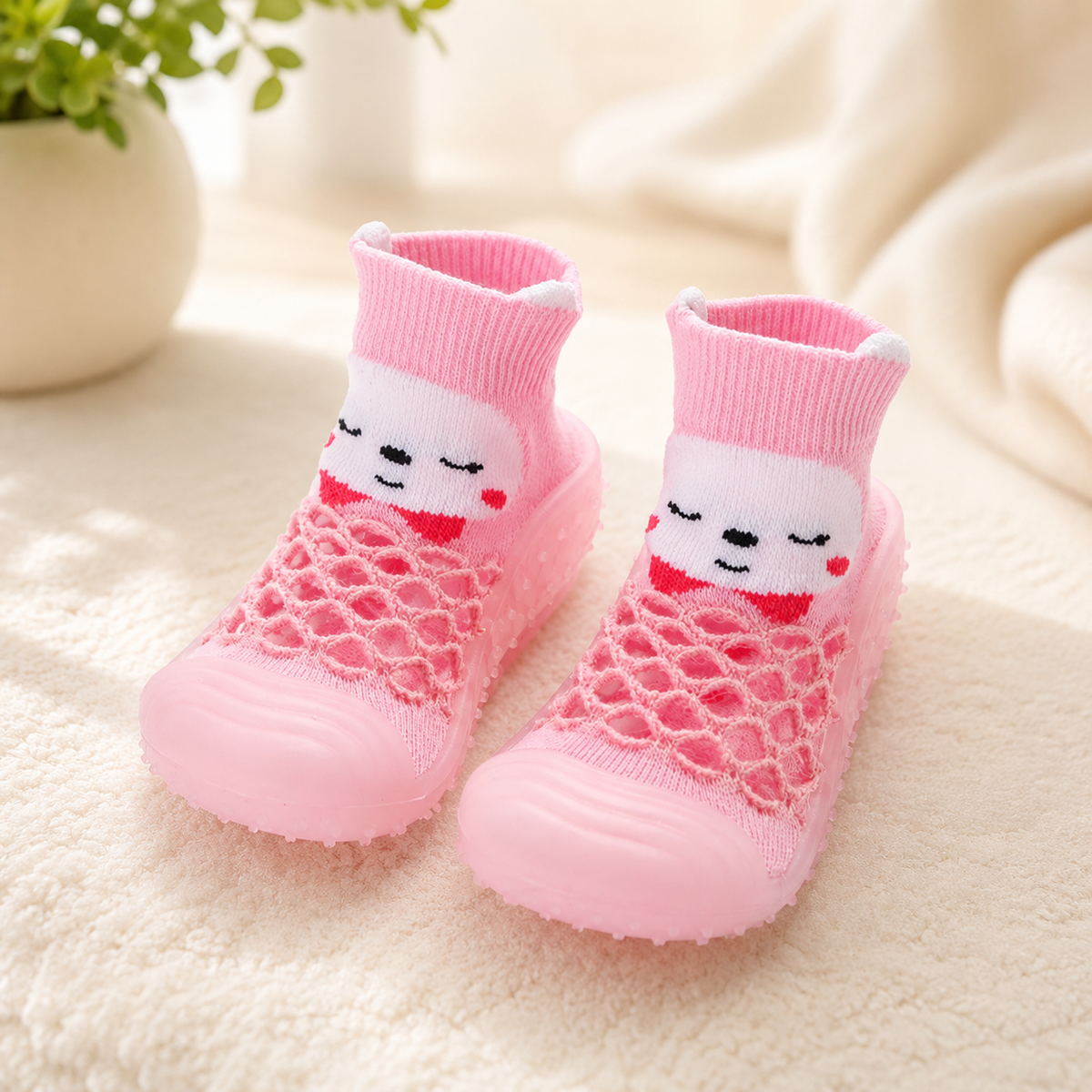 Rutschfeste Babyschuhe – Weich, Atmungsaktiv & Bequem für Erste Schritte Rosa Hase