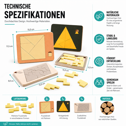Puzzlebrett mit unterschiedlich geformten Teilen zum Kombinieren.