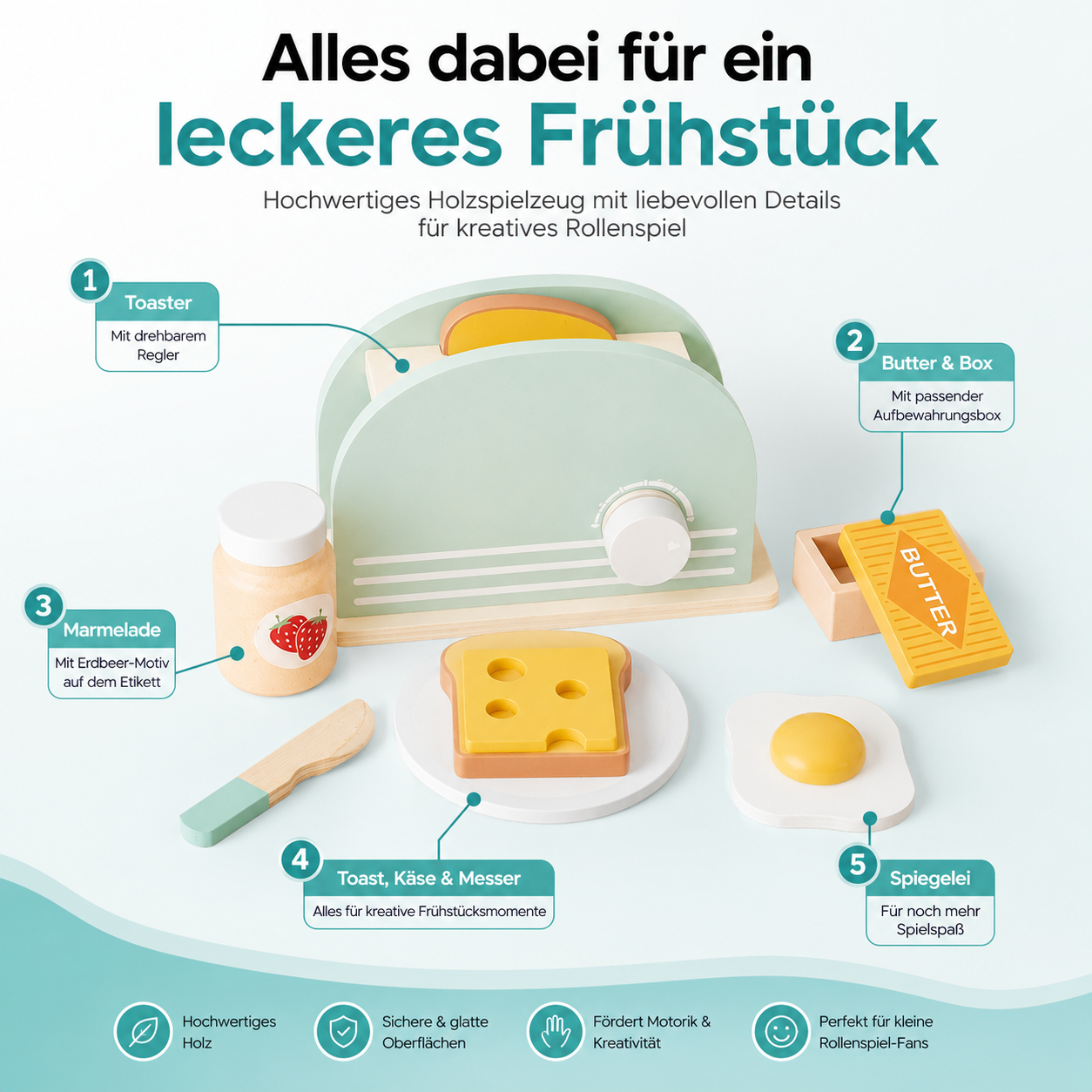 Holz Toaster Spielzeug für Kinder – Montessori Frühstücks-Satz