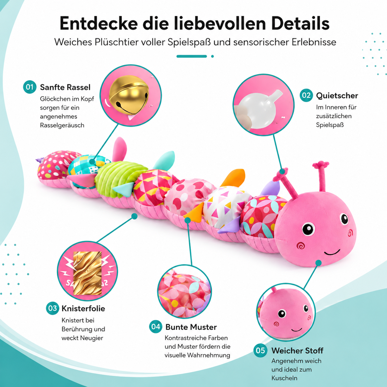 Bunte Raupen-Rassel – Weiches Plüschtier für Babys