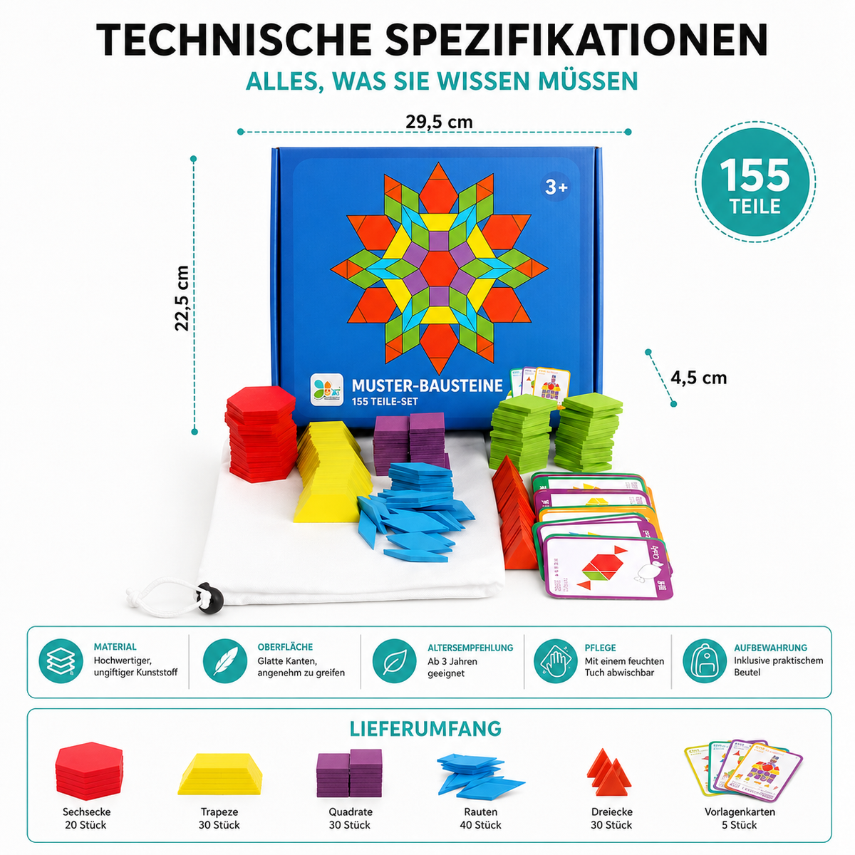 155-teiliger Montessori Holzpuzzle Satz – Lernen & Spielen Beutelverpackung
