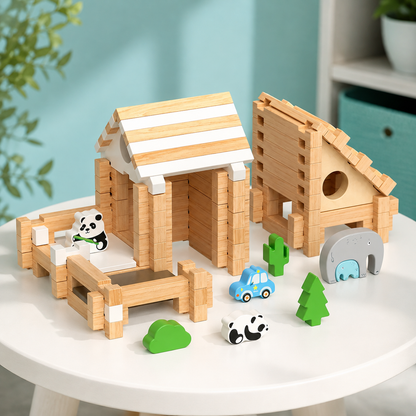 Montessori Holzbausteine-Hausbau-Set für Kinder Braun