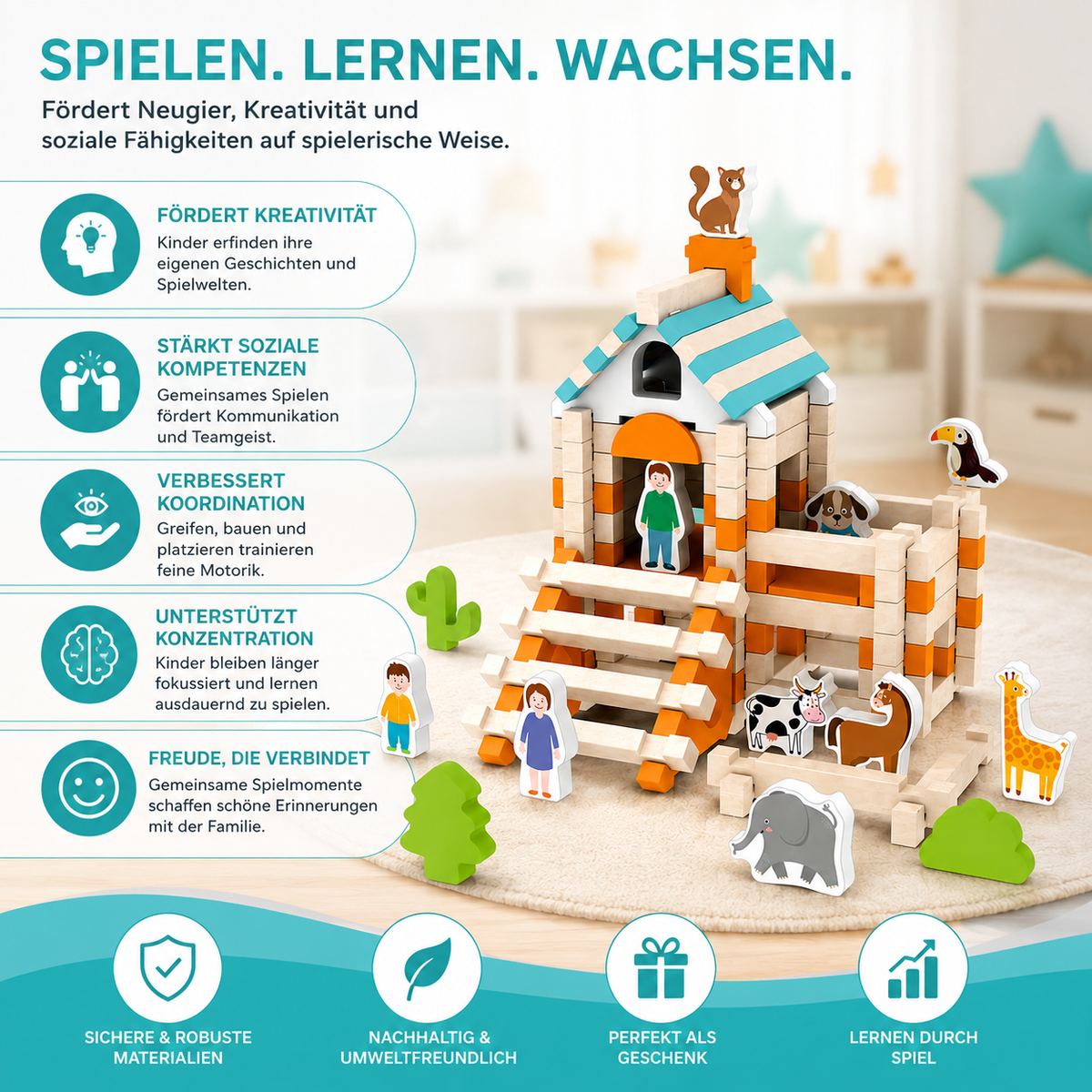 Montessori Holzbausteine-Hausbau-Set für Kinder