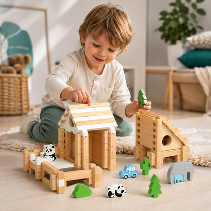 Montessori Holzbausteine-Hausbau-Set für Kinder