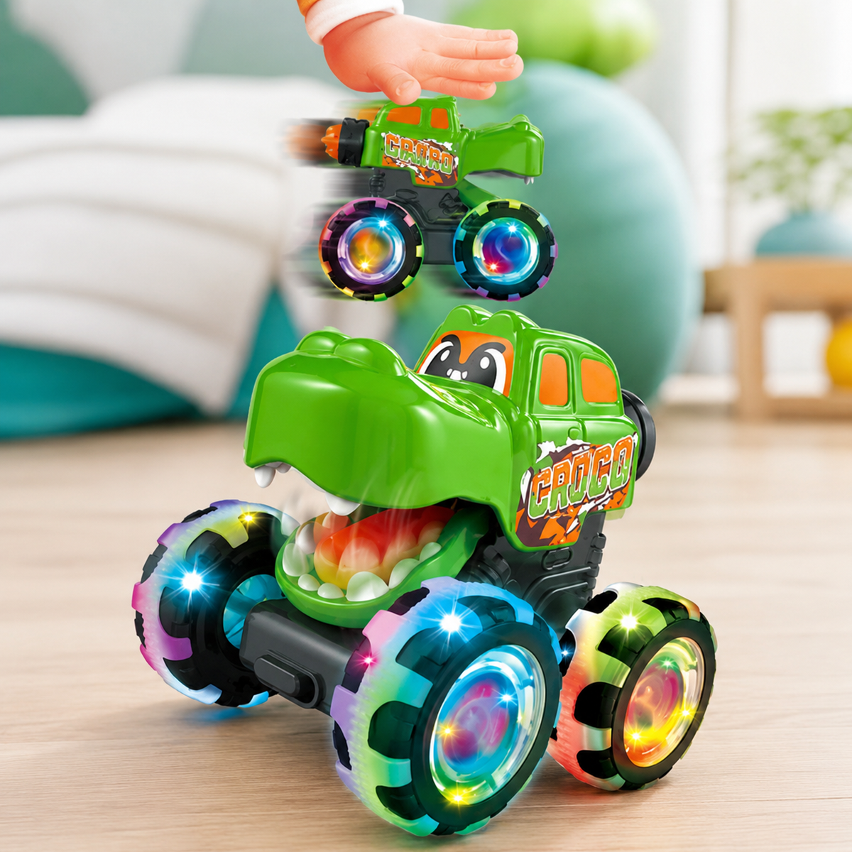 Leuchtender Monster-Truck mit Rückziehantrieb für Kinder Grünes Krokodil