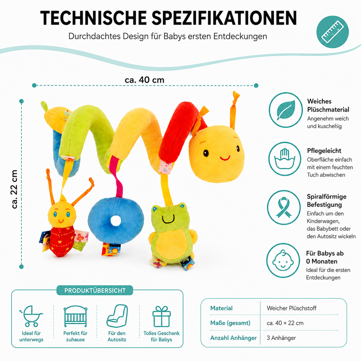 Beruhigendes Label Bettspielzeug – buntes Kuschelkissen fürs Baby