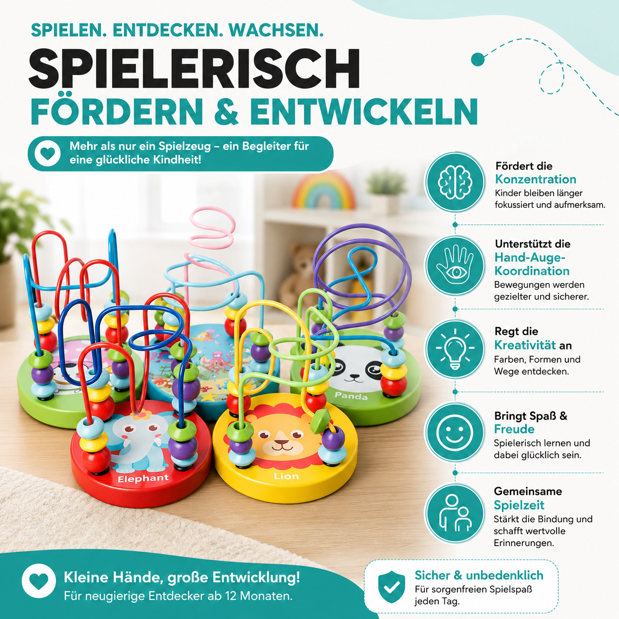 Baby Motorikspielzeug aus Holz – Montessori Lernspiel