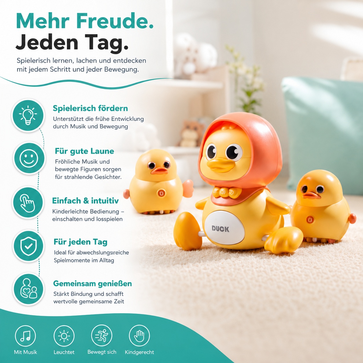 Musikalisches Entenspielzeug für Kinder mit Licht und Bewegung