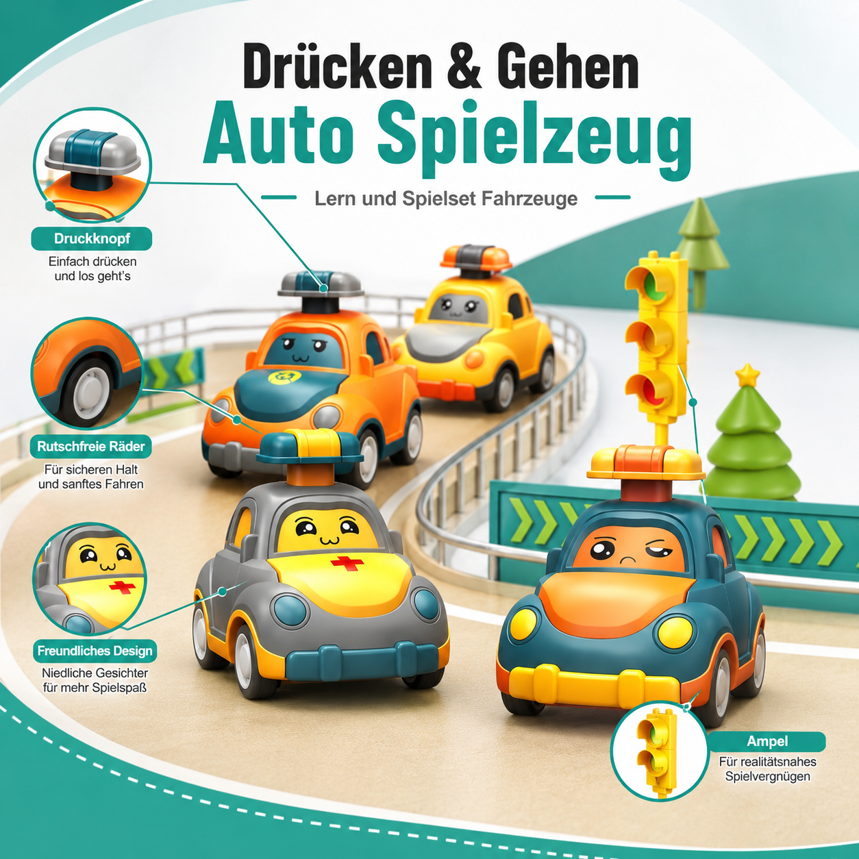 Drücken & Gehen Auto Spielzeug – Lern und Spielset Fahrzeuge