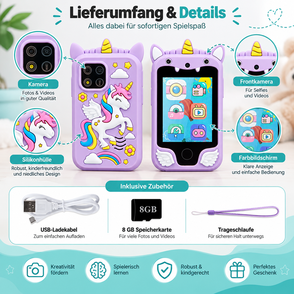 Magisches Unicorn Kinder-Smartphone – Kamera, Spiele & MP3 Spaß
