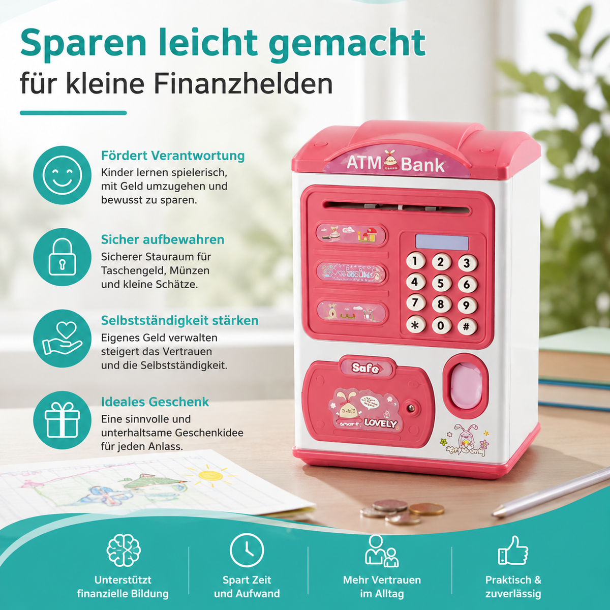 Interaktive Spardose für Kinder – Mit Fingerabdruck, Musik & Licht
