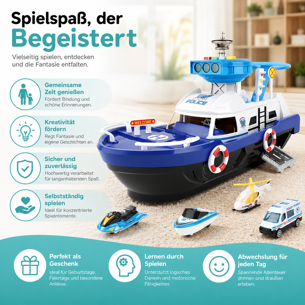 Magisches Spielboot mit Licht, Musik & Rennspaß für Kinder
