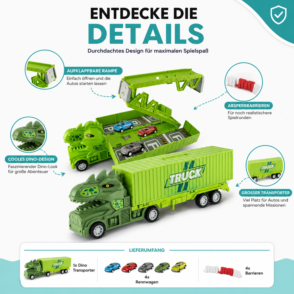 Dino Transporter Truck mit Rennautos & Garage