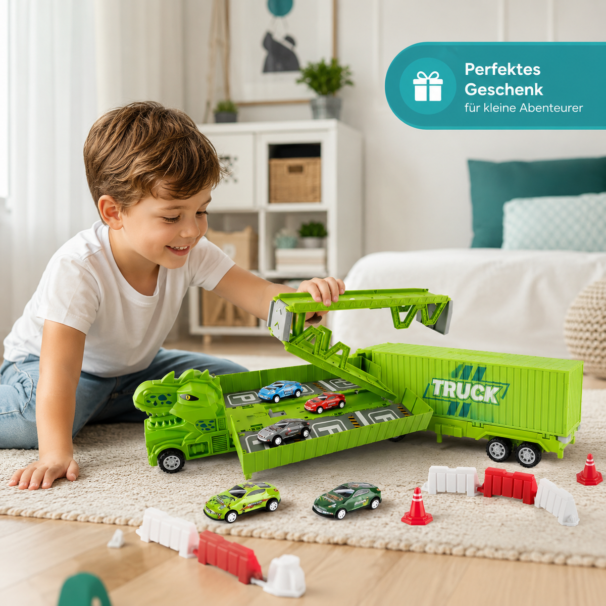 Dino Transporter Truck mit Rennautos & Garage