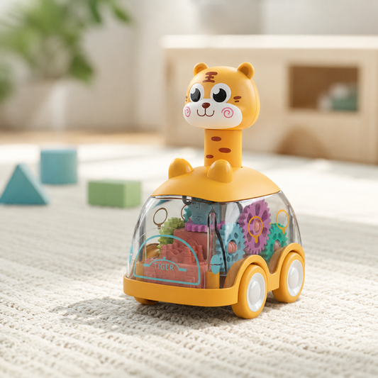 Drück-&-Go Auto – Tierdesign mit Licht & Rückziehmotor Tiger Auto