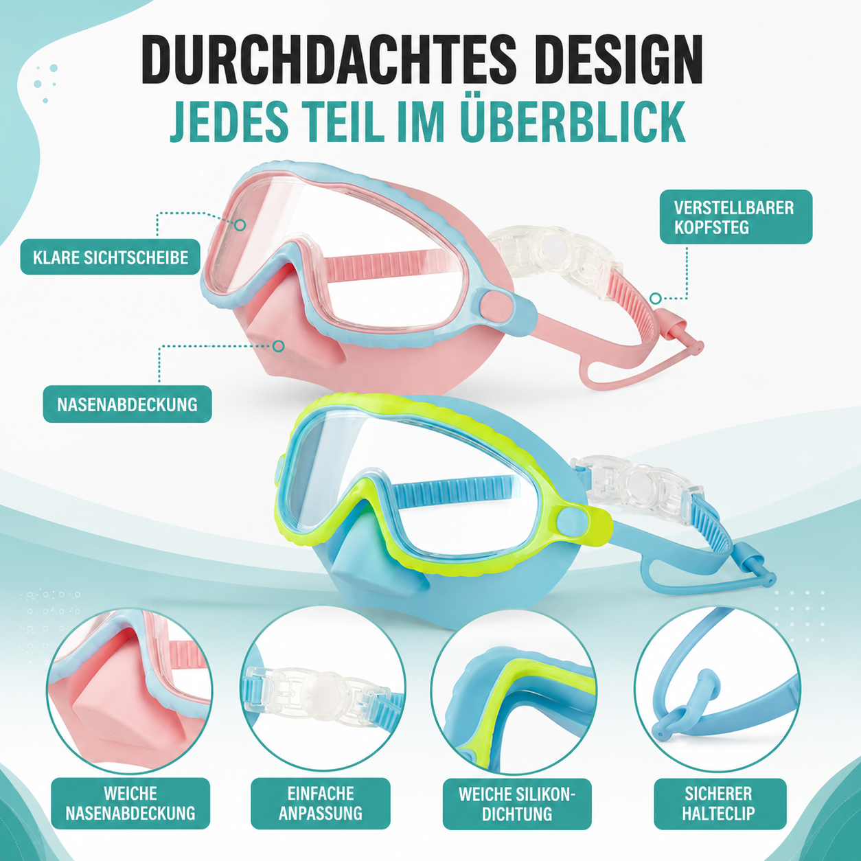 Schwimmbrille für Kinder mit Nasenabdeckung & Komfort-Silikondichtung