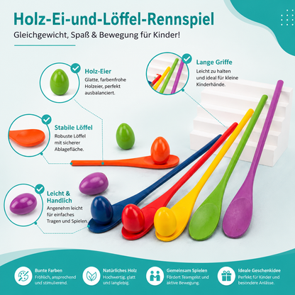 Holz-Ei-und-Löffel-Rennspiel – Gleichgewicht, Spaß & Bewegung für Kinder!
