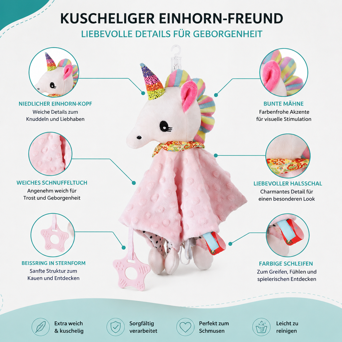 Schnuffeltuch mit Beißring und bunten Elementen.