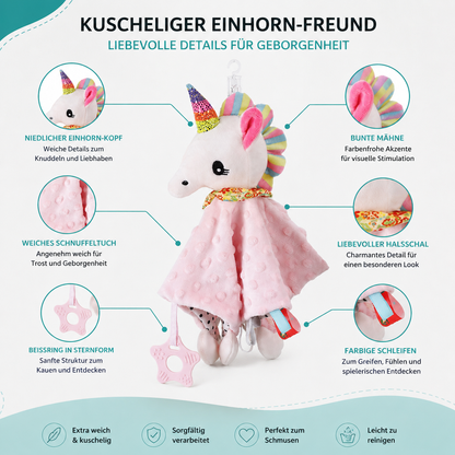 Schnuffeltuch mit Beißring und bunten Elementen.