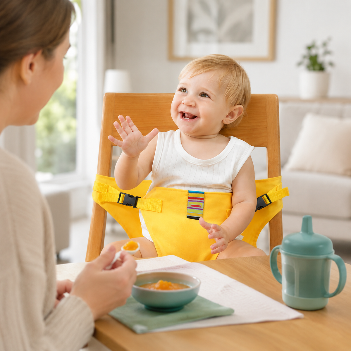 Faltbarer Sicherheitsgurt für Babys – Sicher & bequem überall essen!