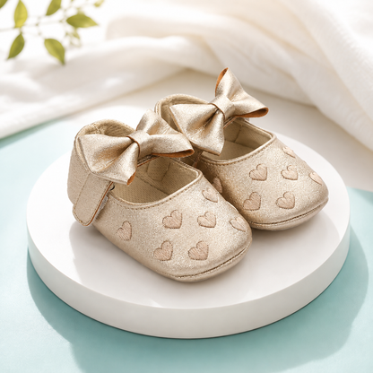 Erstlingsschuhe Mädchen – Herzchen & Schleifen Design Gold
