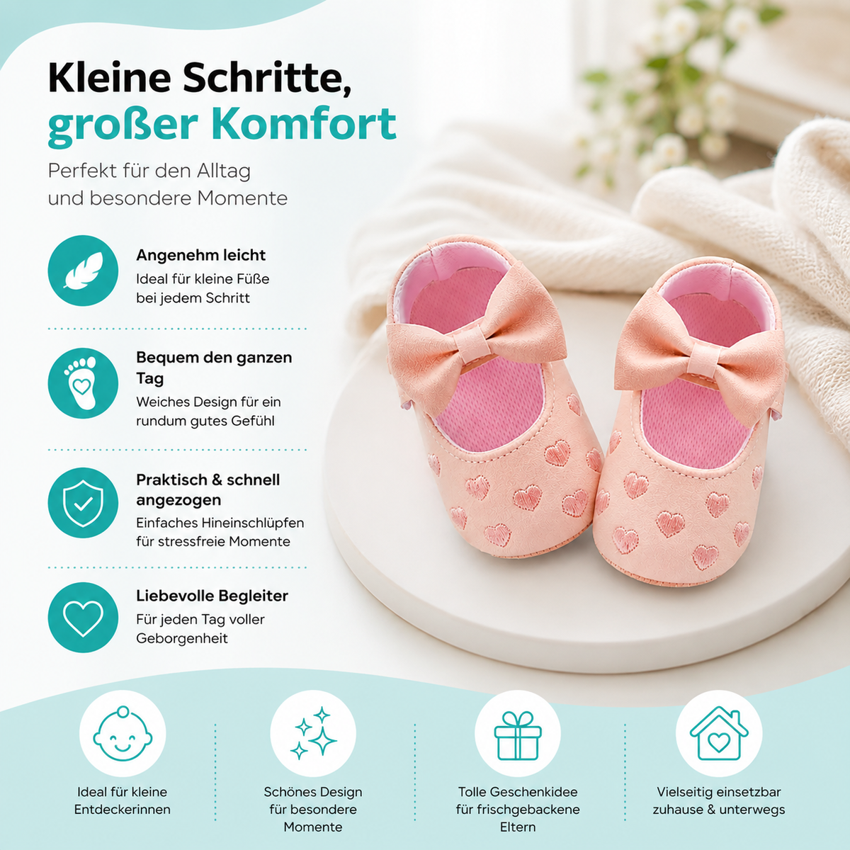 Erstlingsschuhe Mädchen – Herzchen & Schleifen Design