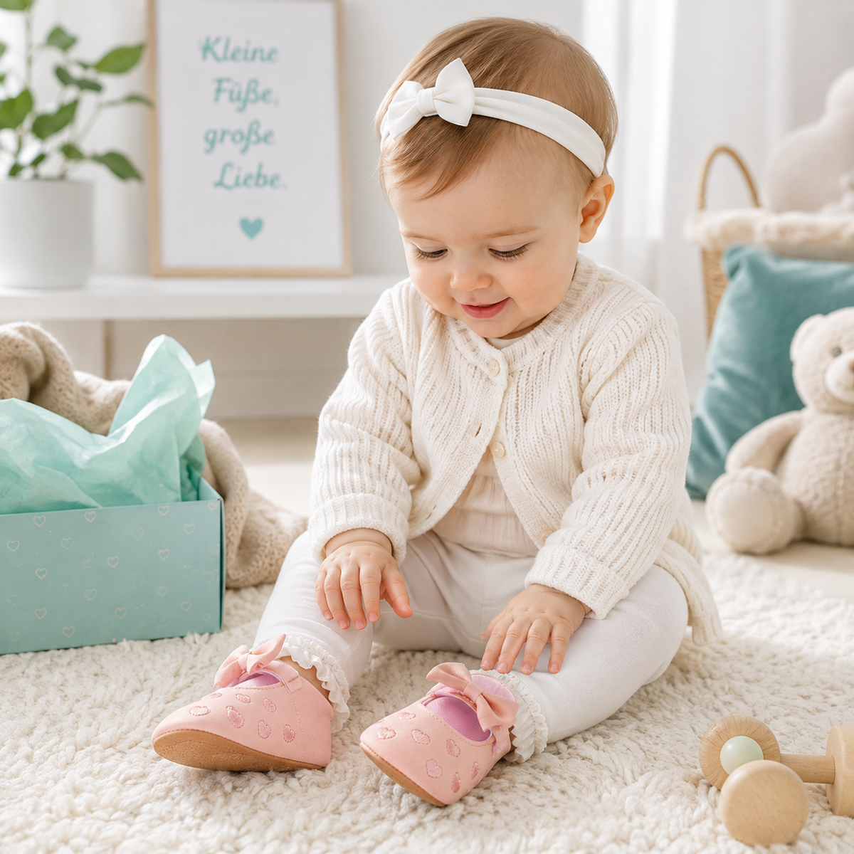 Erstlingsschuhe Mädchen – Herzchen & Schleifen Design