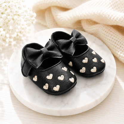 Erstlingsschuhe Mädchen – Herzchen & Schleifen Design Schwarz