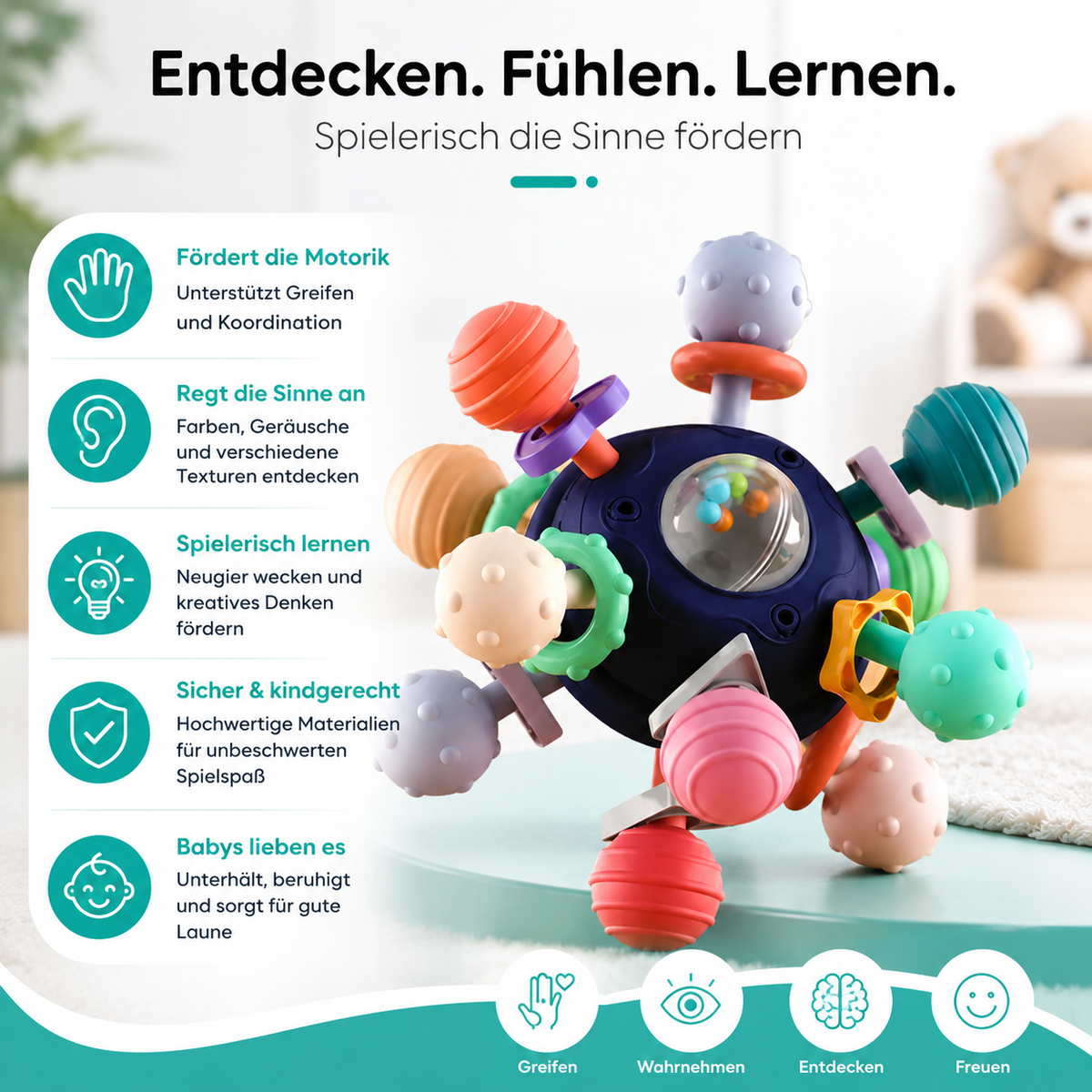 Sensorischer Montessori Beißball für Babys – Greifen, Hören, Fühlen