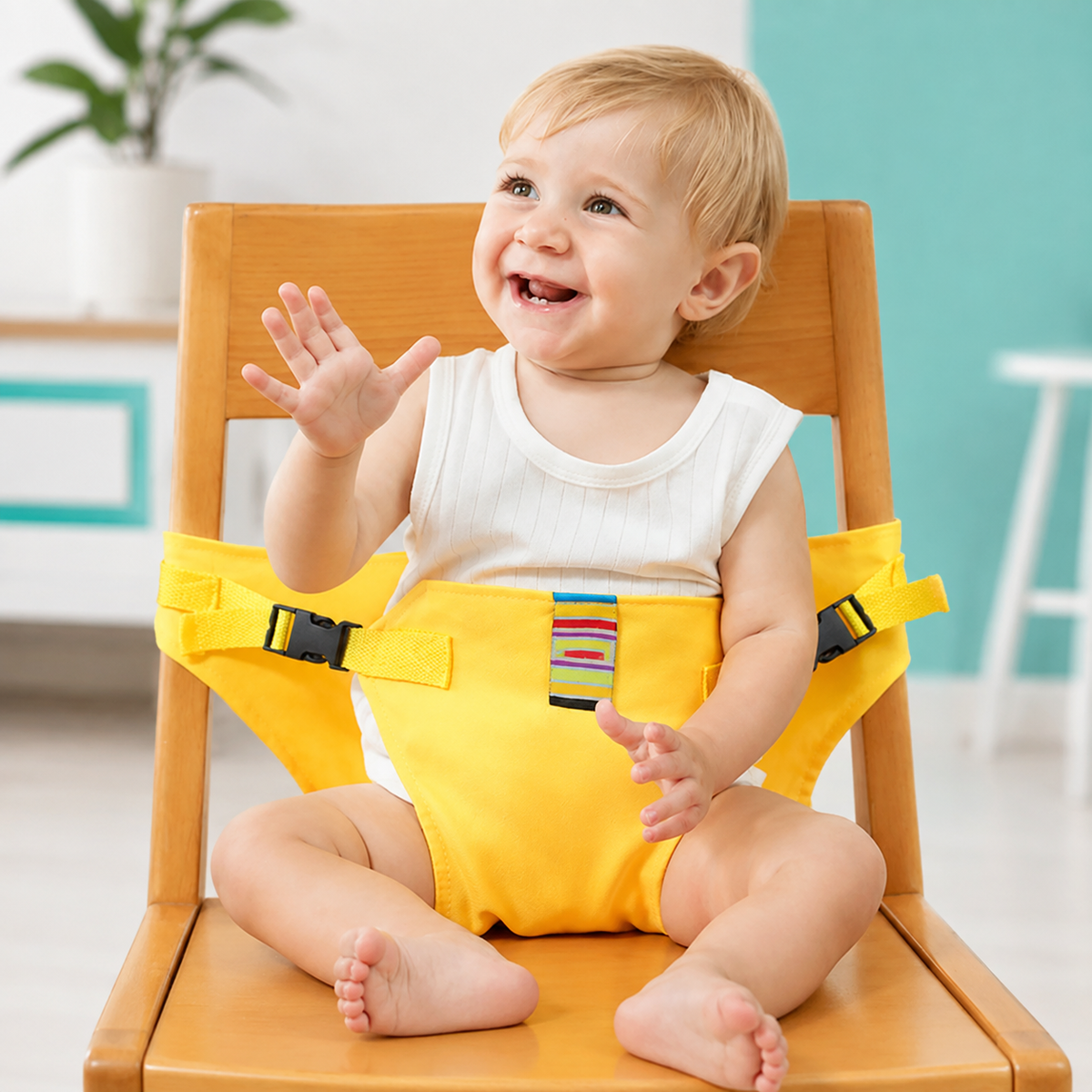 Faltbarer Sicherheitsgurt für Babys – Sicher & bequem überall essen! Gelb