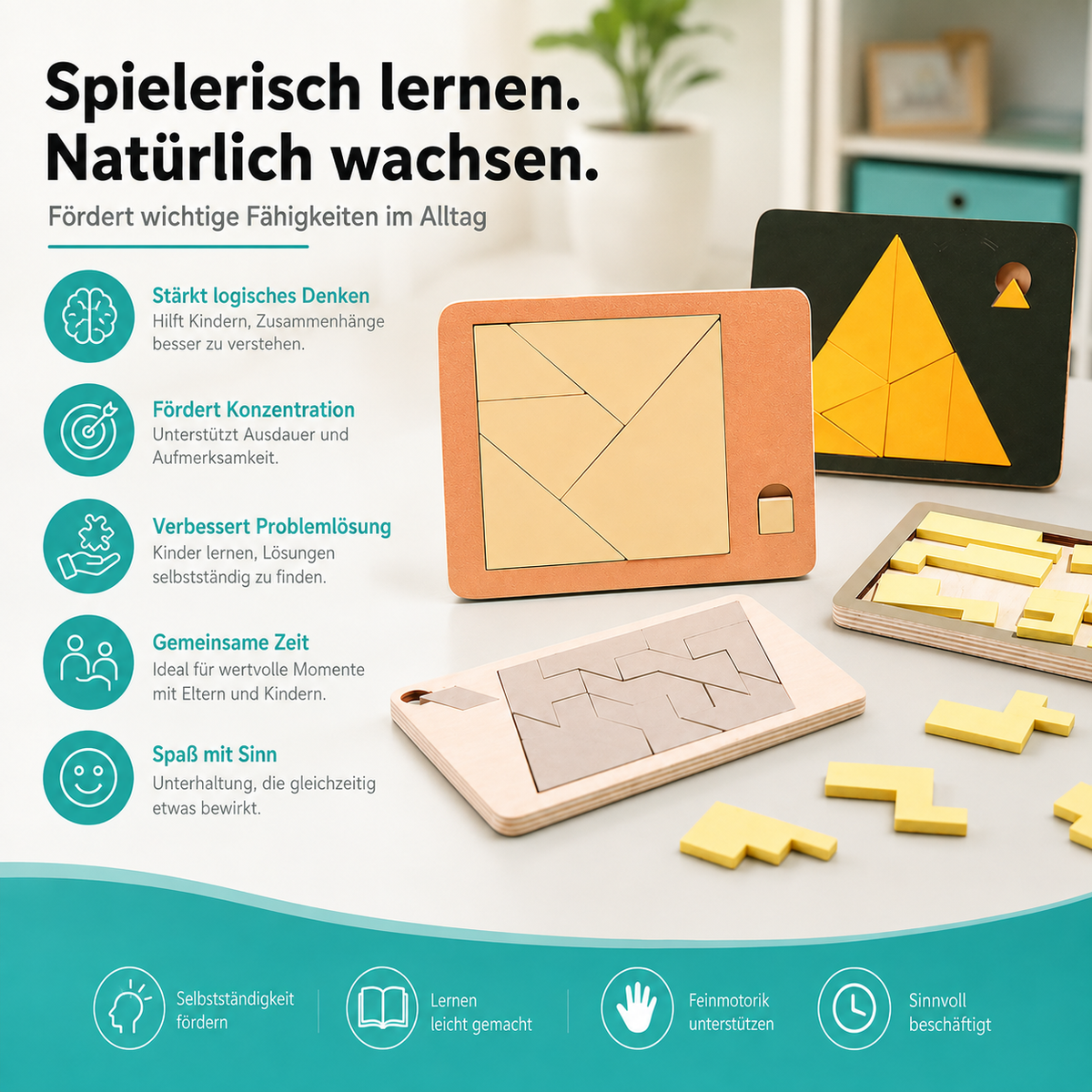 Holzpuzzle mit verschiedenen geometrischen Formen zum Zusammensetzen.