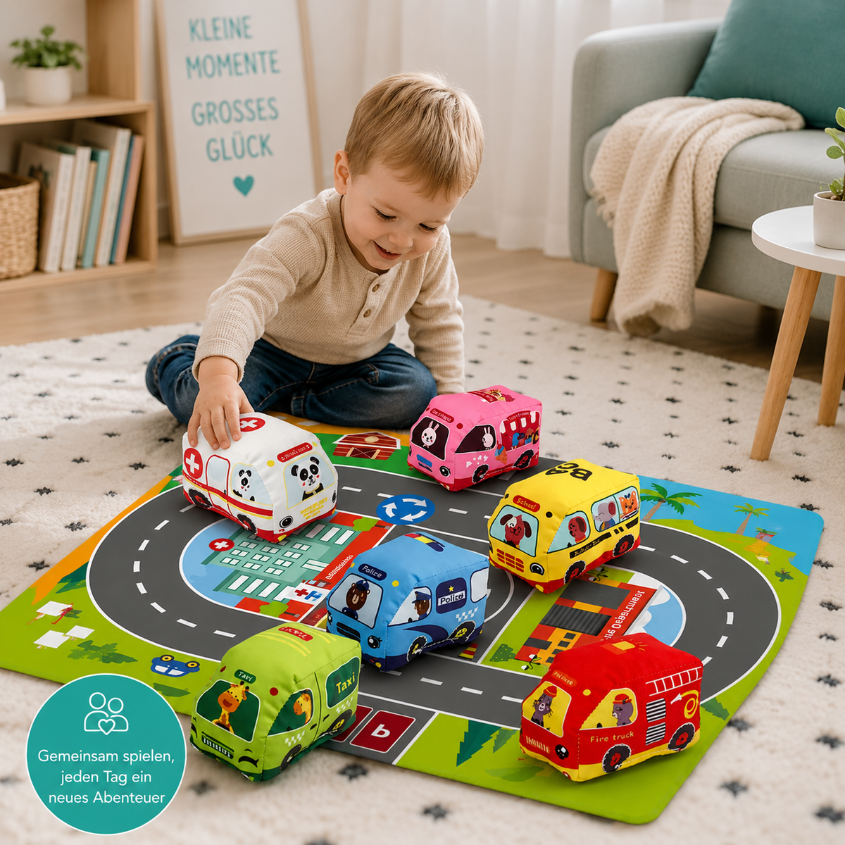 9 Stoffautos Spielzeug Satz mit Spielmatte