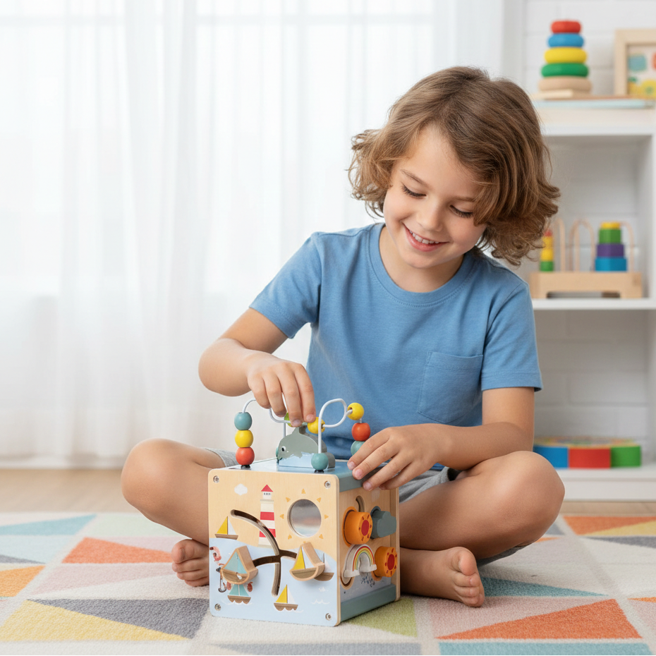 5-in-1-Aktivitätswürfel aus Holz – Montessori-Lernen durch Spielen