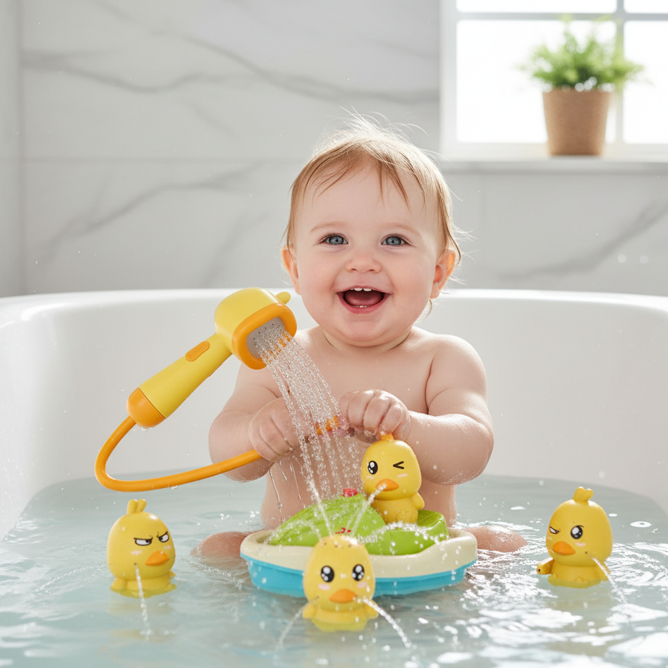 Baby Badespielzeug – Spritzende Enten & Motorboot mit Musikfunktion
